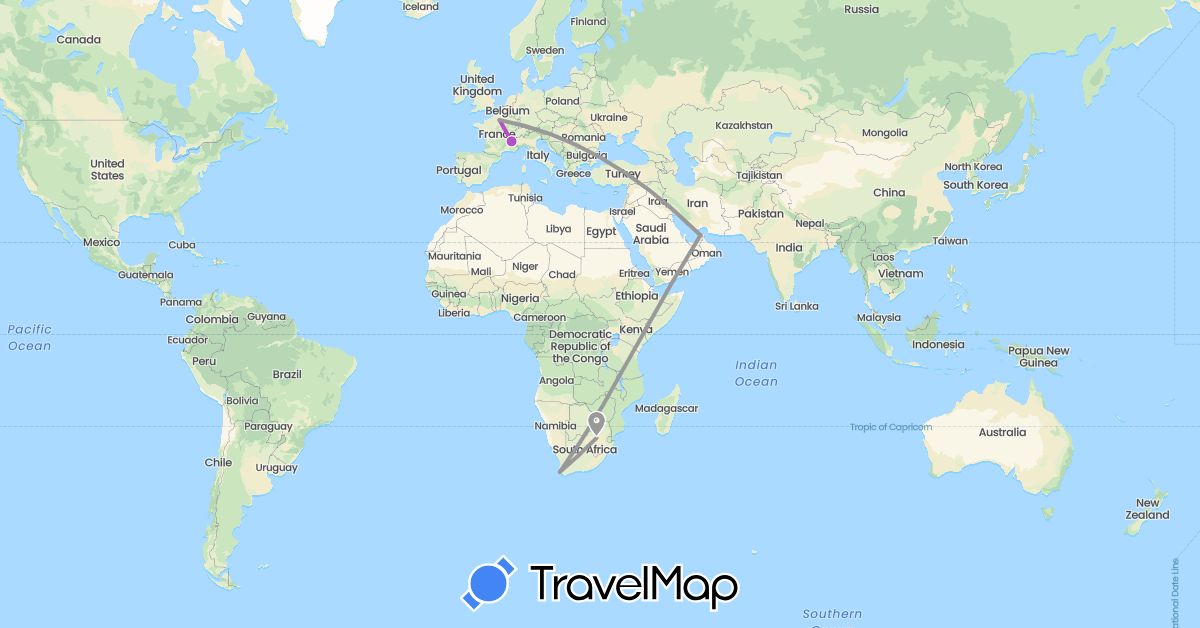 TravelMap itinerary: driving, plane, train in United Arab Emirates, France, South Africa (Africa, Asia, Europe)